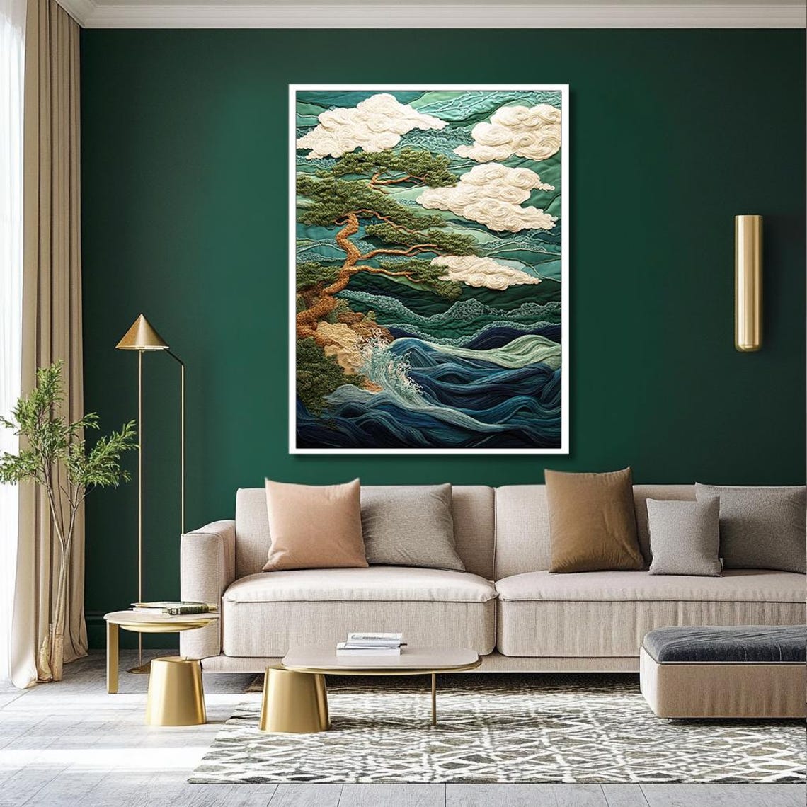 Japanese Pine Tree Over Stylized Teal Ocean Waves Art Poster - Image 2
