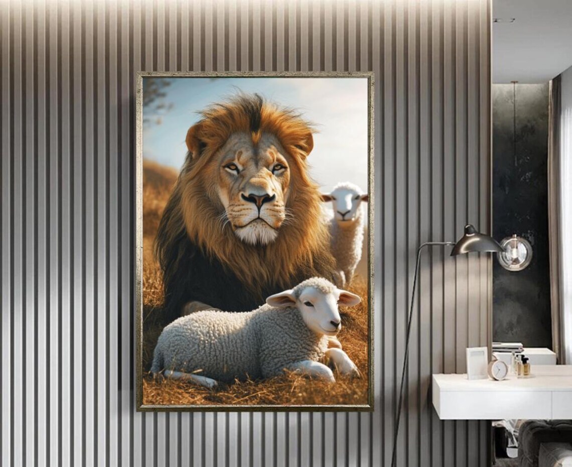 Lion And Lamb Resting Together In A Golden Field Peaceful Poster