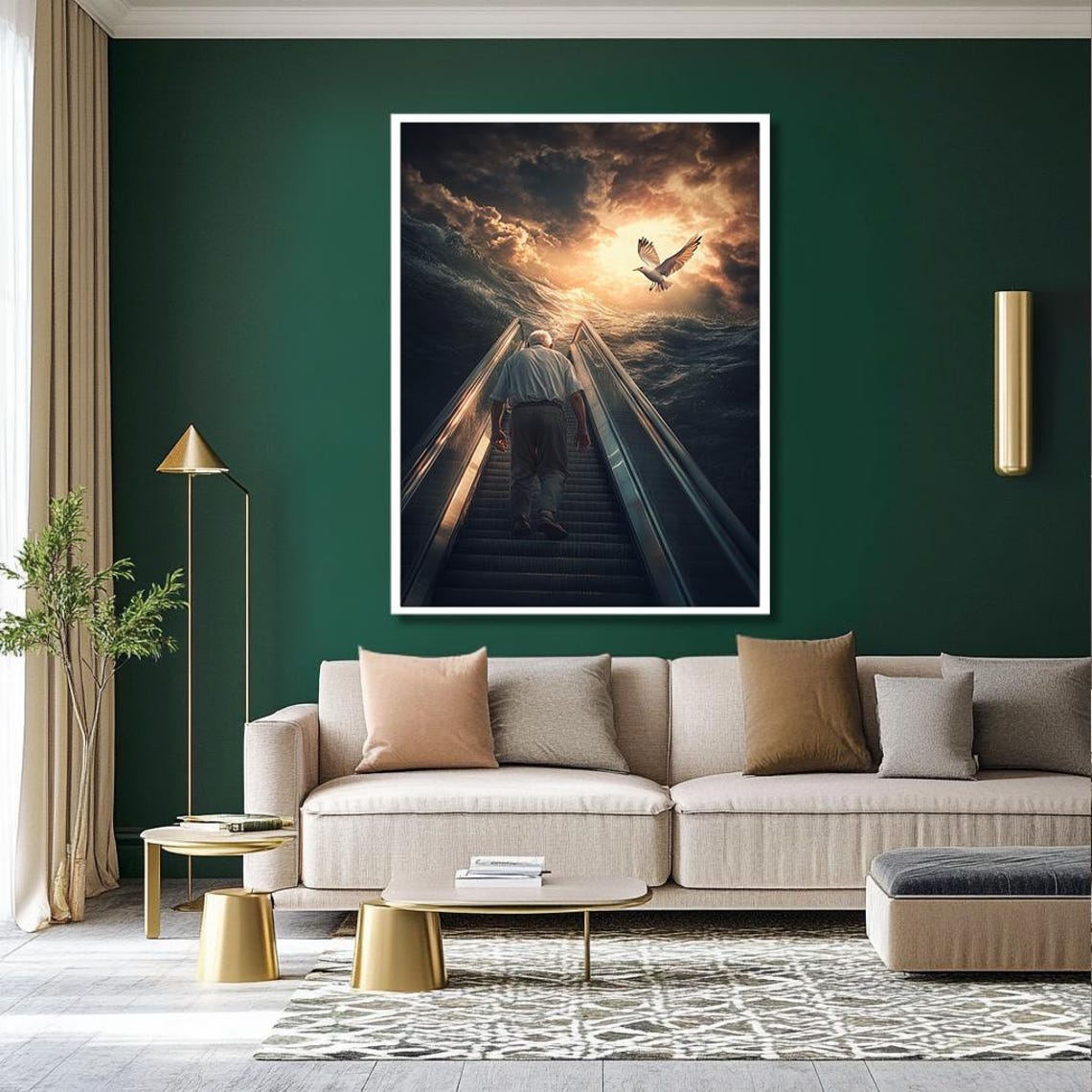 Man Ascending Escalator Toward Heavenly Light Surreal Poster - Image 2