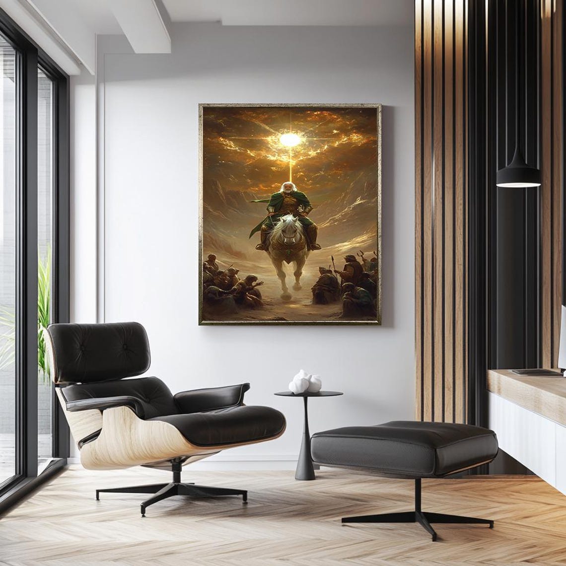 Ancient Warrior on White Horse Beneath a Heavenly Light Poster - Image 3