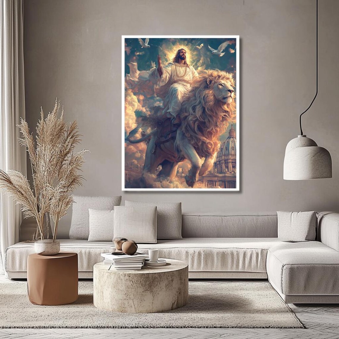 Jesus Riding A Majestic Lion Through Clouds Above St Peters Dome Poster - Image 2