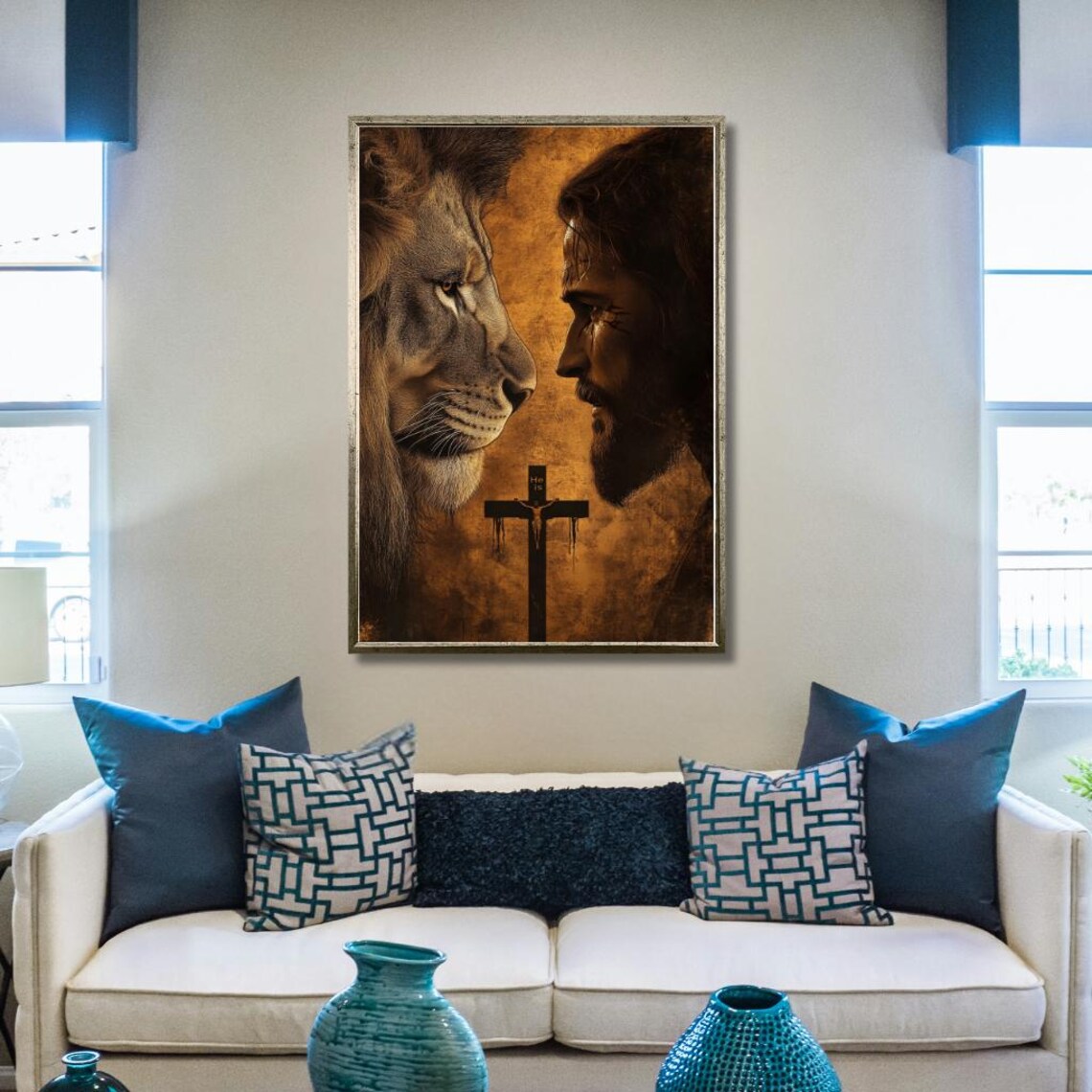 Lion and Jesus Face to Face with Cross Sepia Christian Art Poster - Image 2