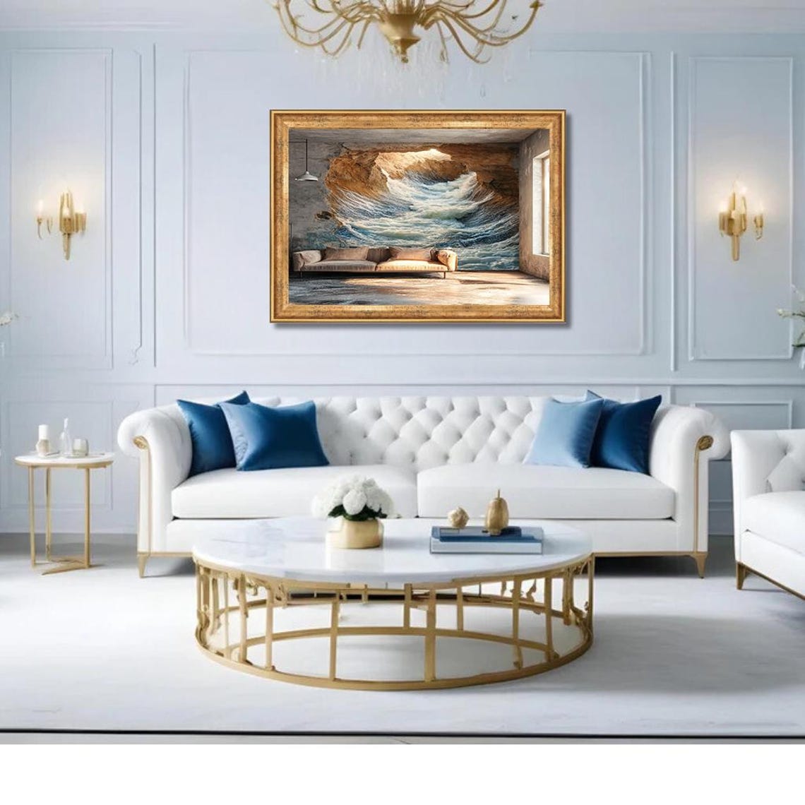 Giant Ocean Wave Crashing Into An Elegant Living Room Poster