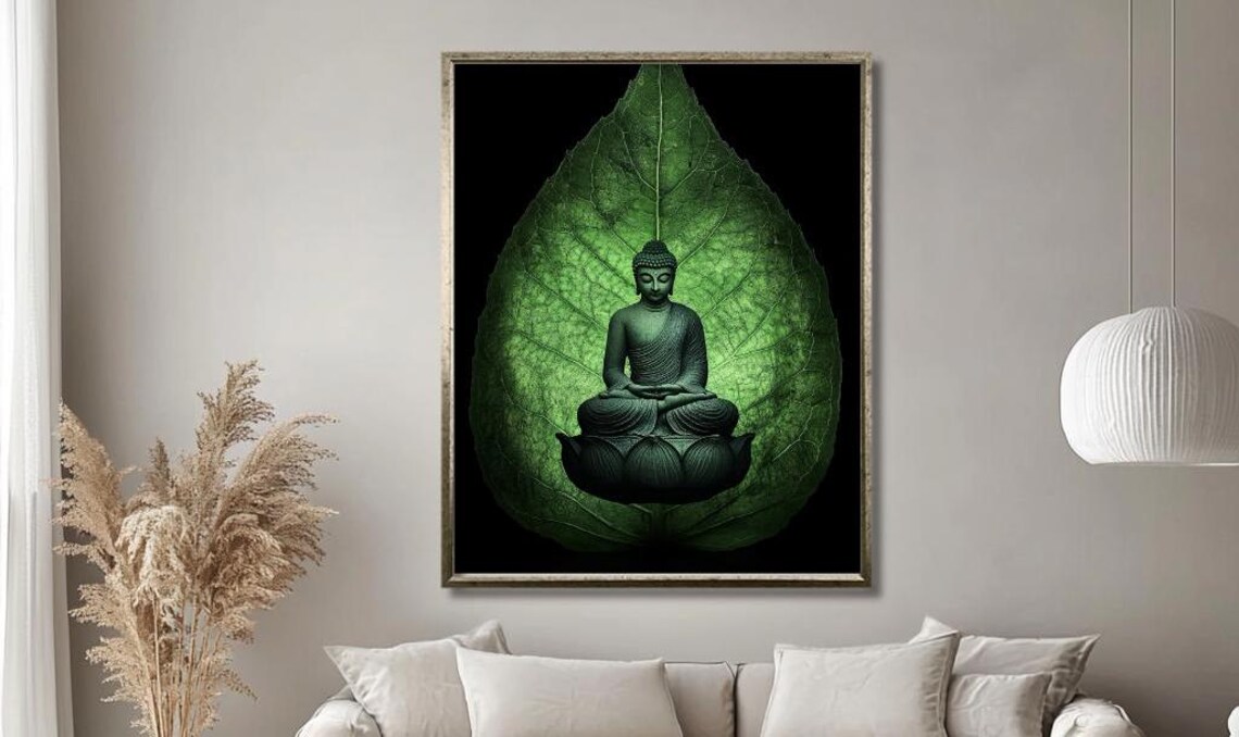 Meditating Buddha On Lotus Inside Giant Green Leaf Zen Poster