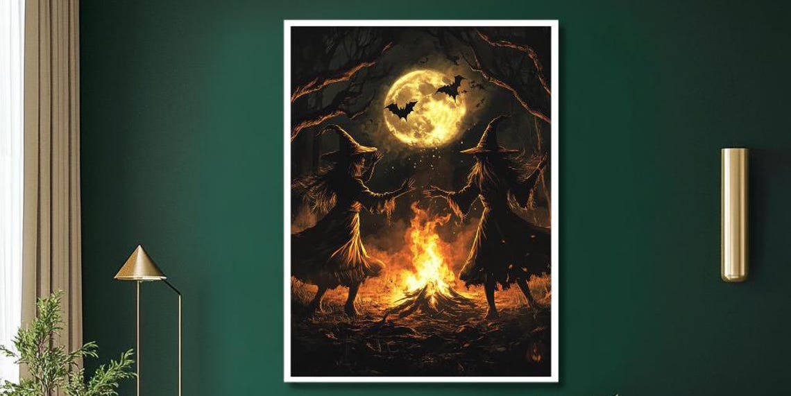 Two Witches Dancing Around a Bonfire Under the Full Moon Poster