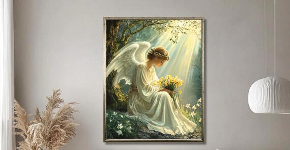 Angel With Daffodils Kneeling in a Sunlit Forest Clearing Poster