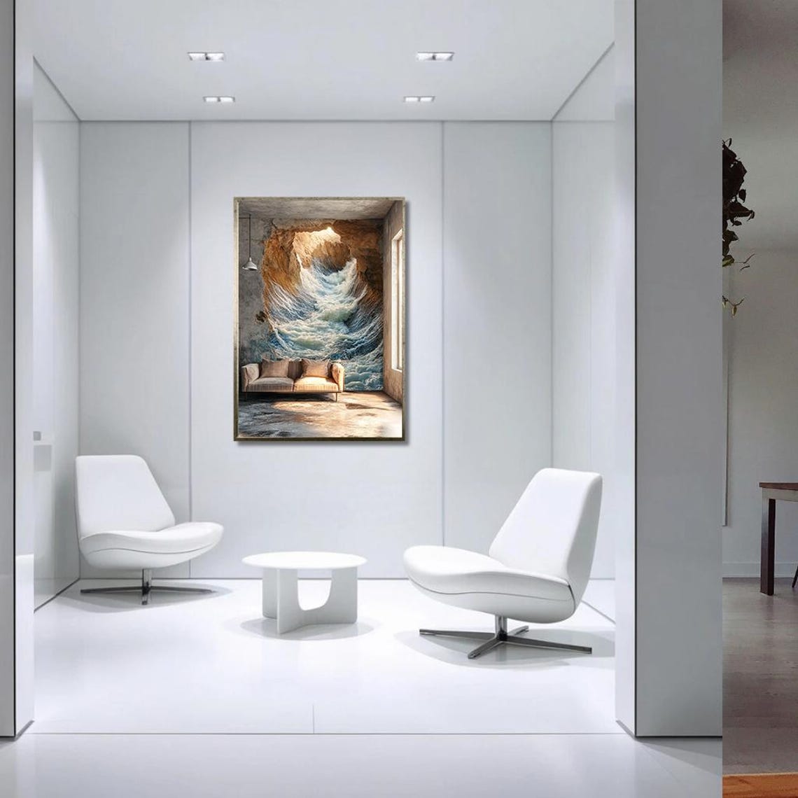Giant Ocean Wave Crashing Into An Elegant Living Room Poster - Image 3