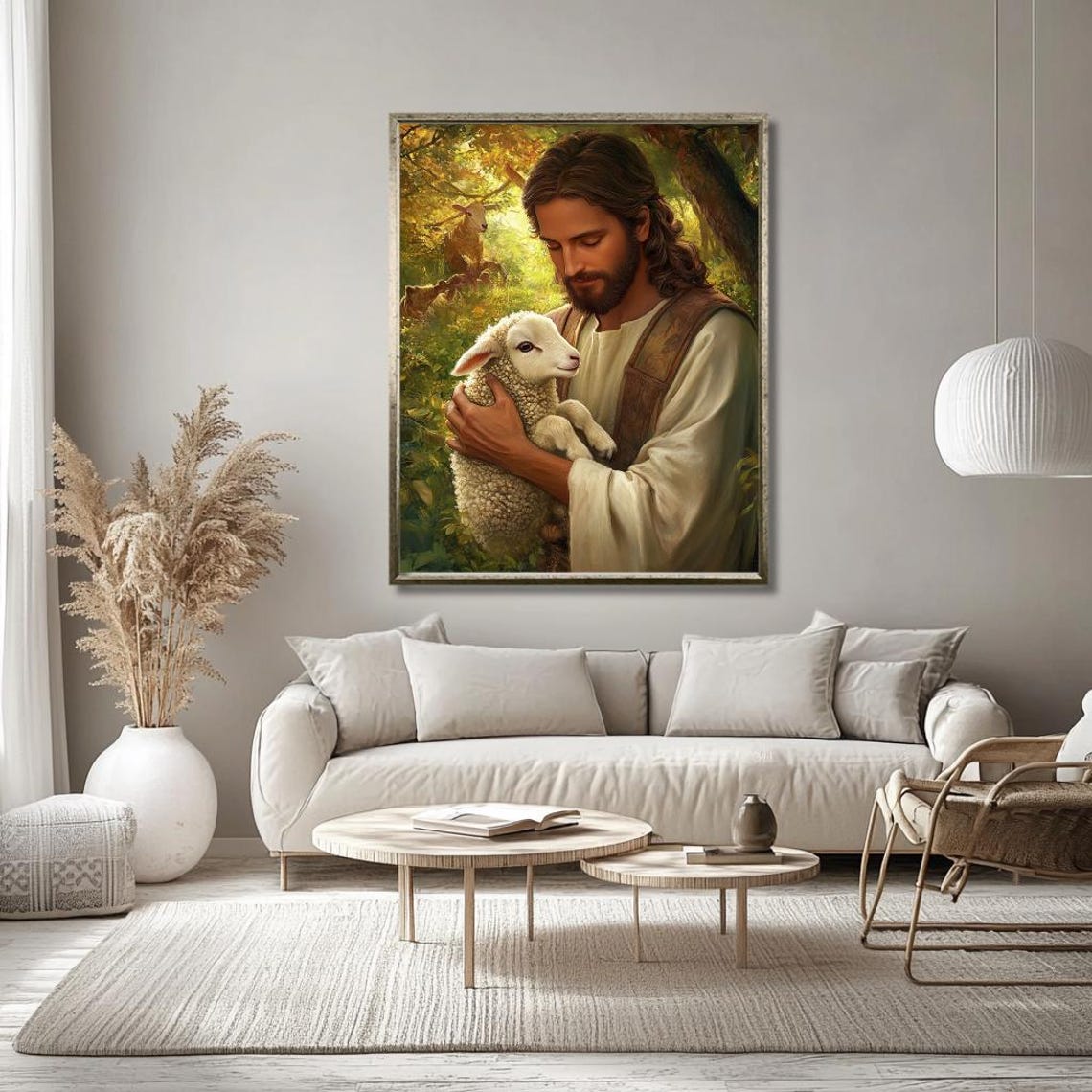 Jesus Holding a Lamb in a Forest Good Shepherd Religious Poster - Image 2