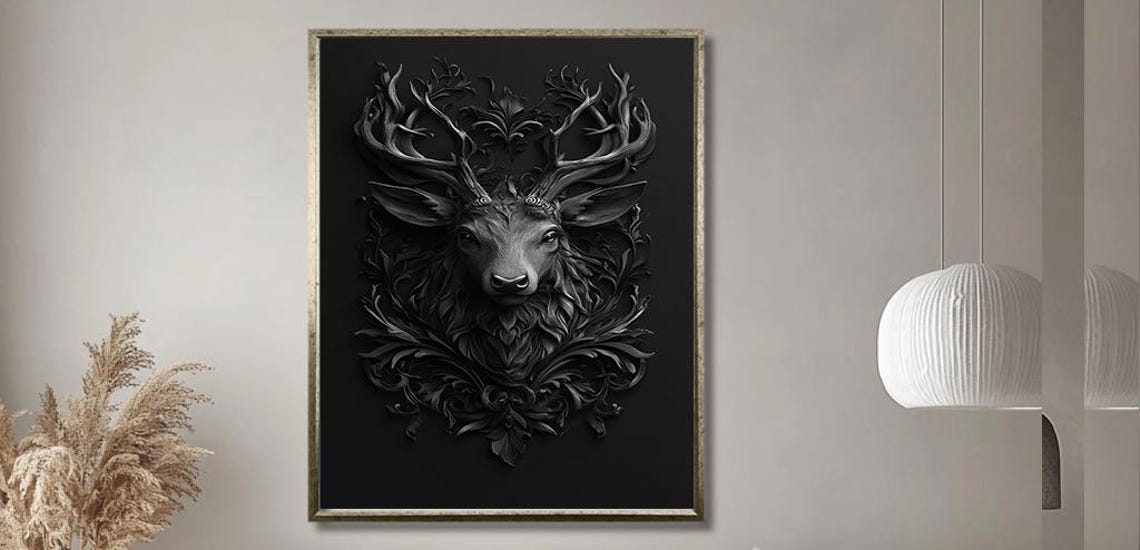 Gothic Black Stag Head Relief With Dark Ornate Foliage Poster