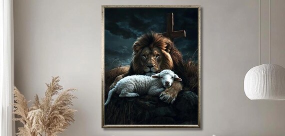 Lion And Lamb Resting With Wooden Cross At Night Christian Faith Poster For Home