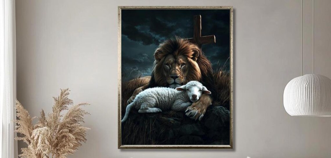 Lion And Lamb Resting With Wooden Cross At Night Christian Faith Poster For Home