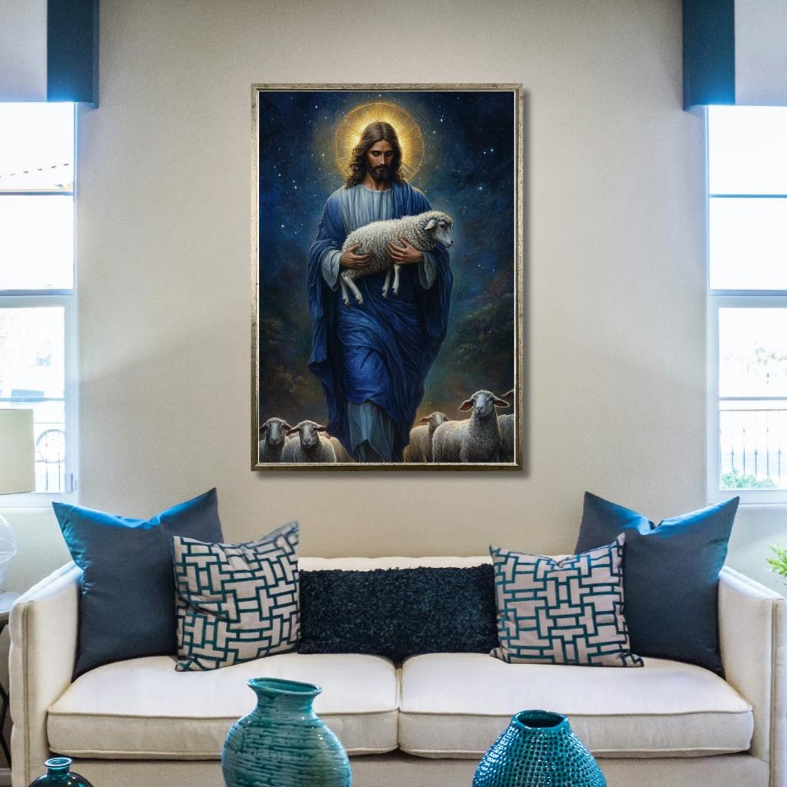 Jesus the Good Shepherd With Lamb Starry Night Sky Religious Poster - Image 2