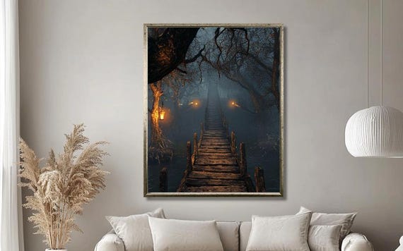Mystical Forest Bridge Wall Art Enchanted Pathway With Lanterns In Foggy Woods Dark Fantasy Decor For Living Room Large