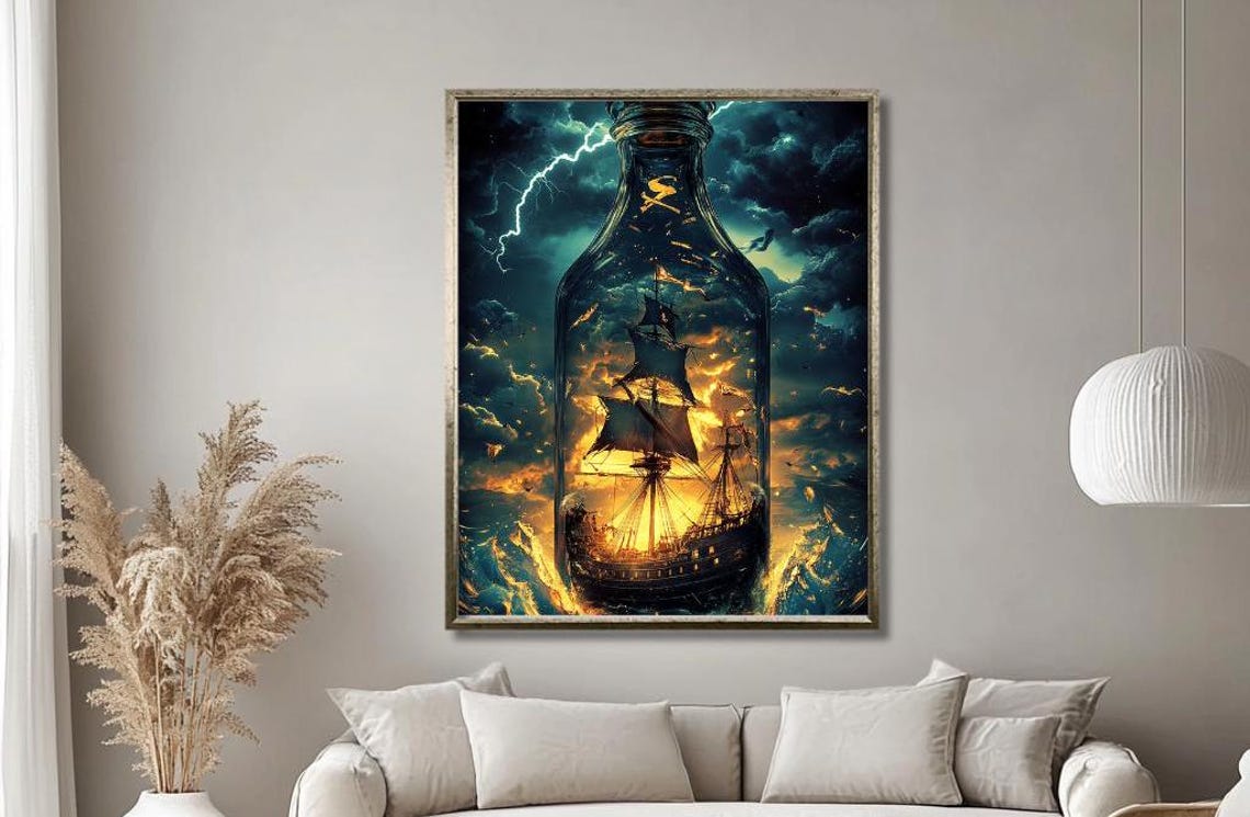 Stormy Ship In A Bottle Wall Art Surreal Sailing Ship Amidst Lightning And Waves Dramatic Nautical Decor For Living Room