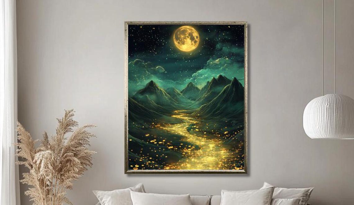 Moonlit Mountain River Wall Art Enchanted Golden River Under Full Moon With Starry Sky Mystical Landscape Decor For Living Room