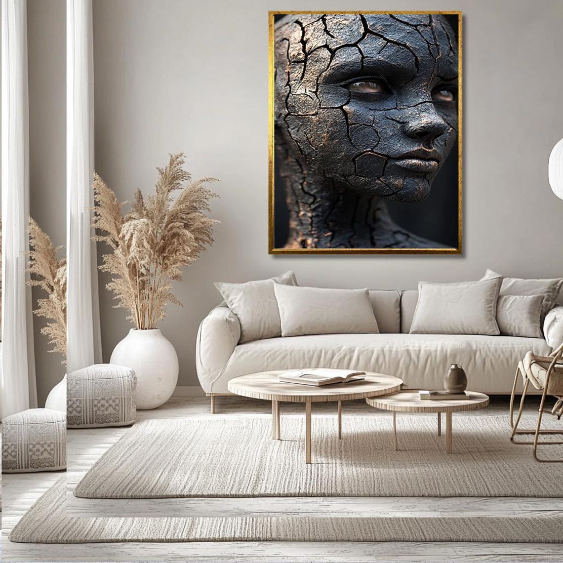 Cracked Dark Stone Face Sculpture in Moody Abstract Style Poster - Image 3