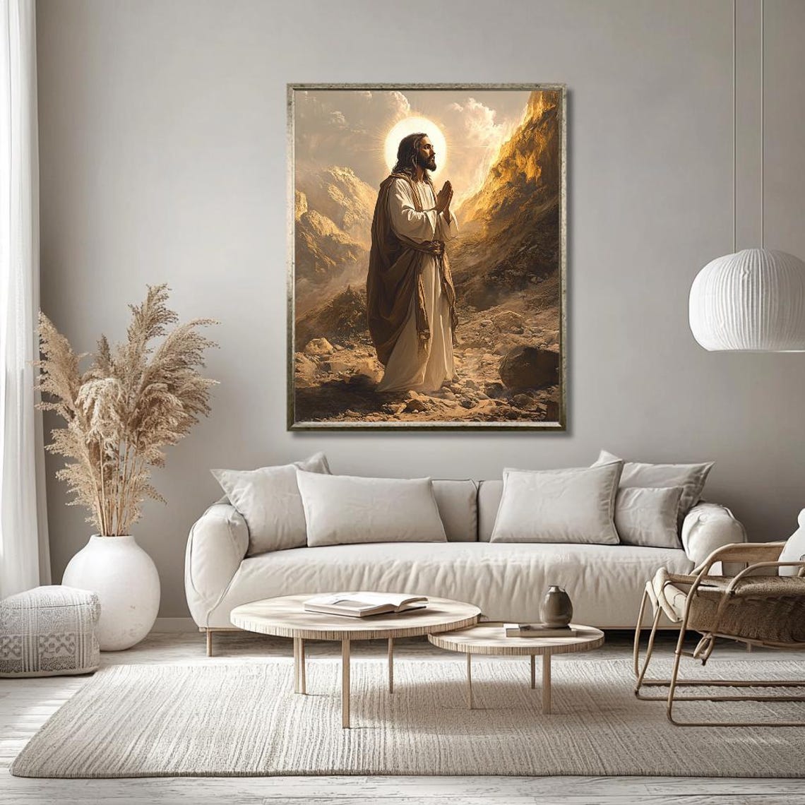 Jesus Praying at Sunrise on a Rocky Mountain With Halo Light Poster - Image 2
