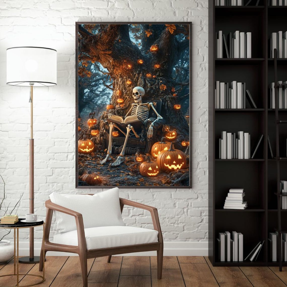 Skeleton Reading Book in Pumpkin Tree Halloween Night Art Poster - Image 3