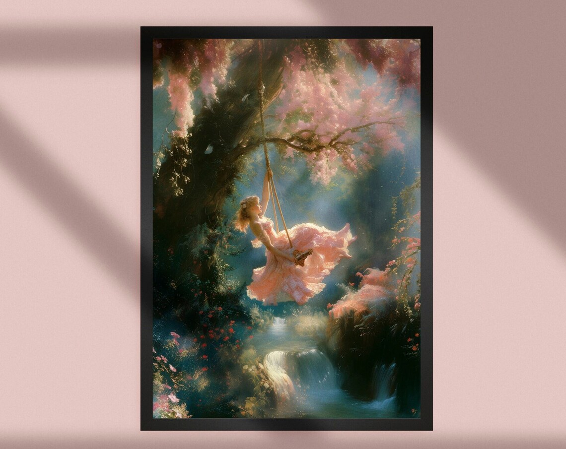 Girl On A Swing Rococo Portrait Painting Vintage Art Print Classical Wall