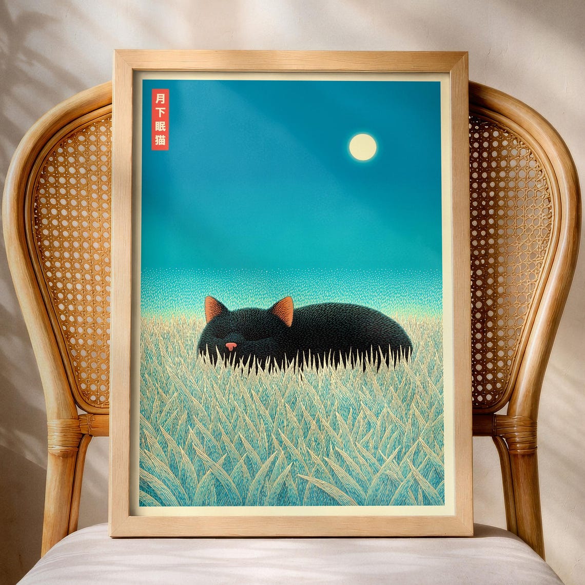 Sleeping Black Cat in Tall Grass Under the Moon Japanese Art Poster