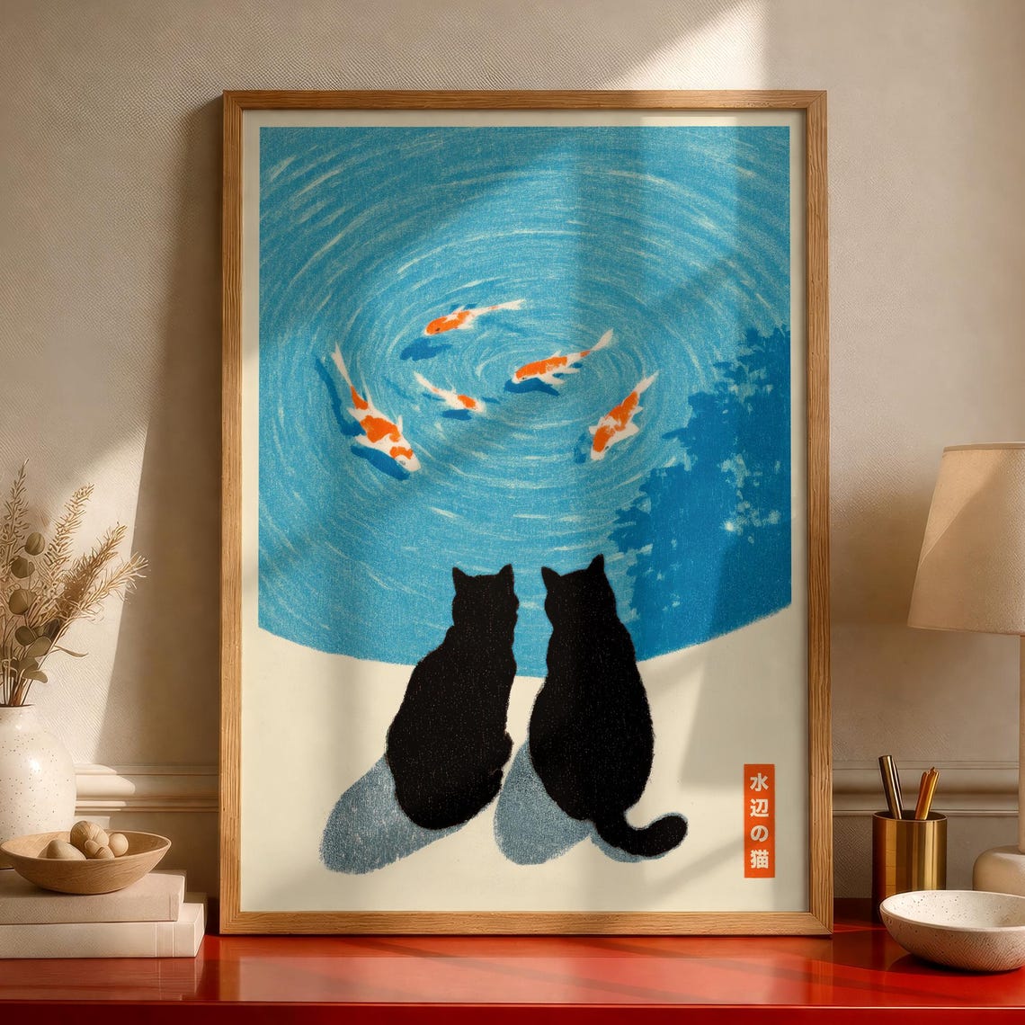Japanese Black Cat Koi Pond Poster Ukiyoe Inspired Zen Wall Art For Lovers