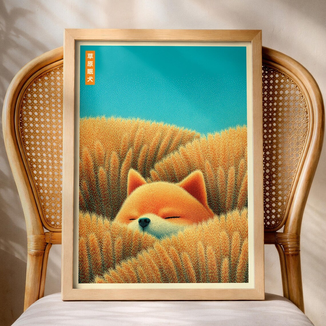 Sleeping Shiba Inu Puppy in Golden Wheat Field Japanese Art Poster