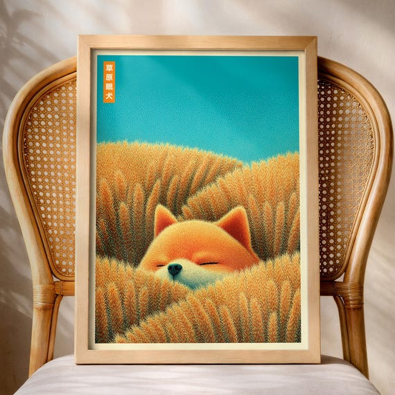 Japanese Style Dog Poster Sleeping Pomeranian Japandi Wall Art Calm Pet Illustration