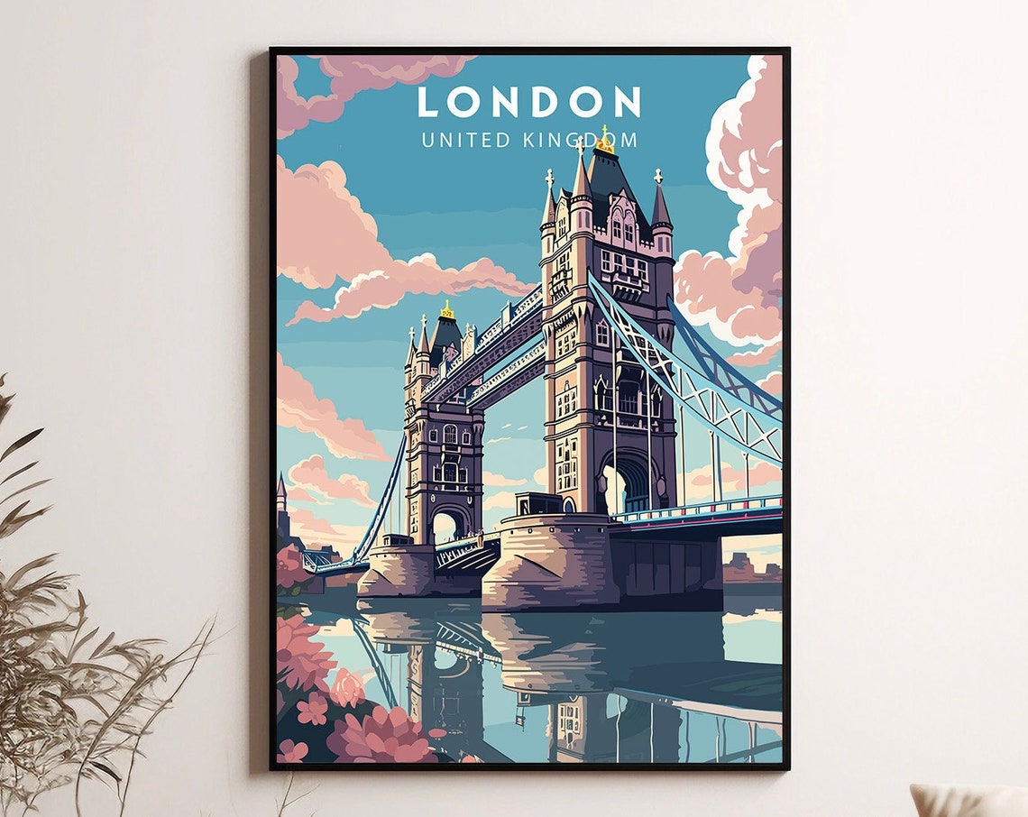 London Tower Bridge Sunset River Reflection Thames Travel Poster - Image 2