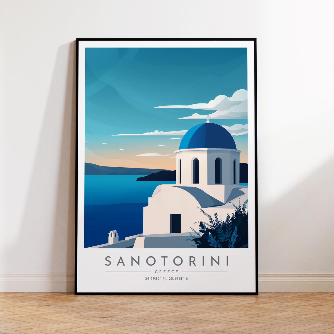 Santorini Blue Dome Church Sunset Aegean Sea Serene Travel Poster