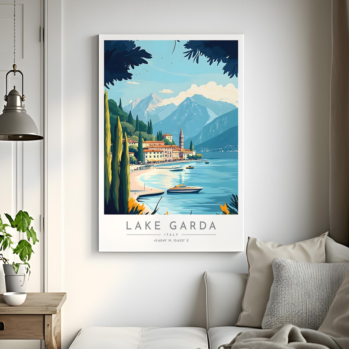 Lake Garda Lakeside Town Cypress Boats Italian Water Travel Poster - Image 2