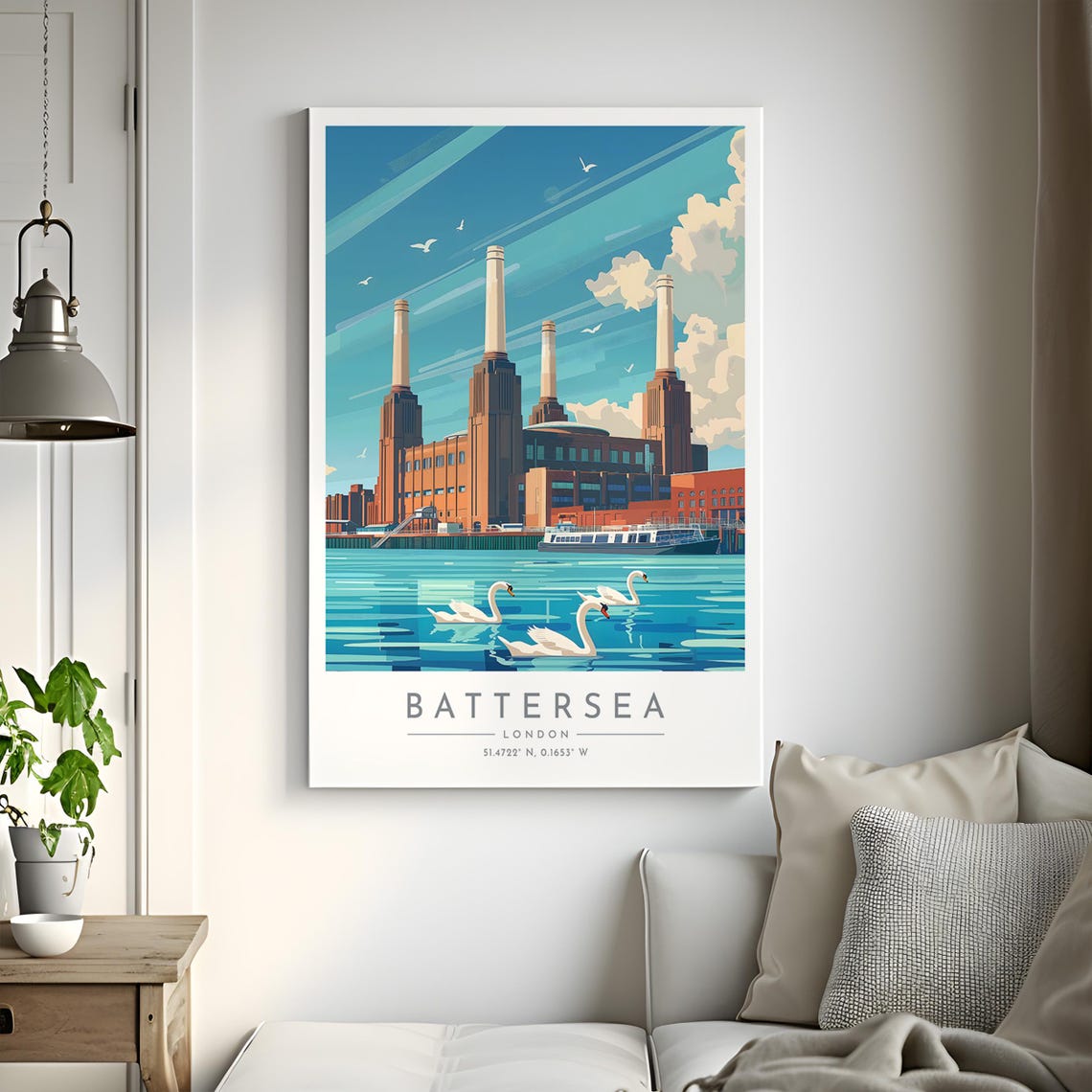 London Battersea Power Station Swans Thames Riverside View Poster - Image 2