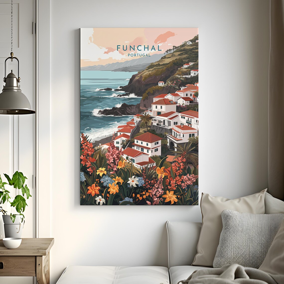 Funchal Portugal Hillside Town Red Roofs Ocean Flowers Wall Poster - Image 3