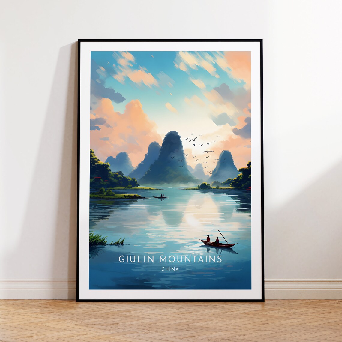 Giulin Karst Mountains Boats Birds Daytime River China Travel Poster