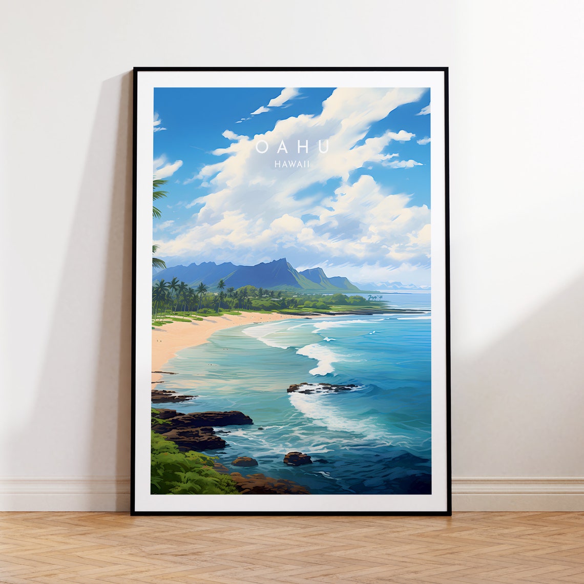 Oahu Hawaii Beach Daytime Turquoise Waves Rocky Coast Travel Poster