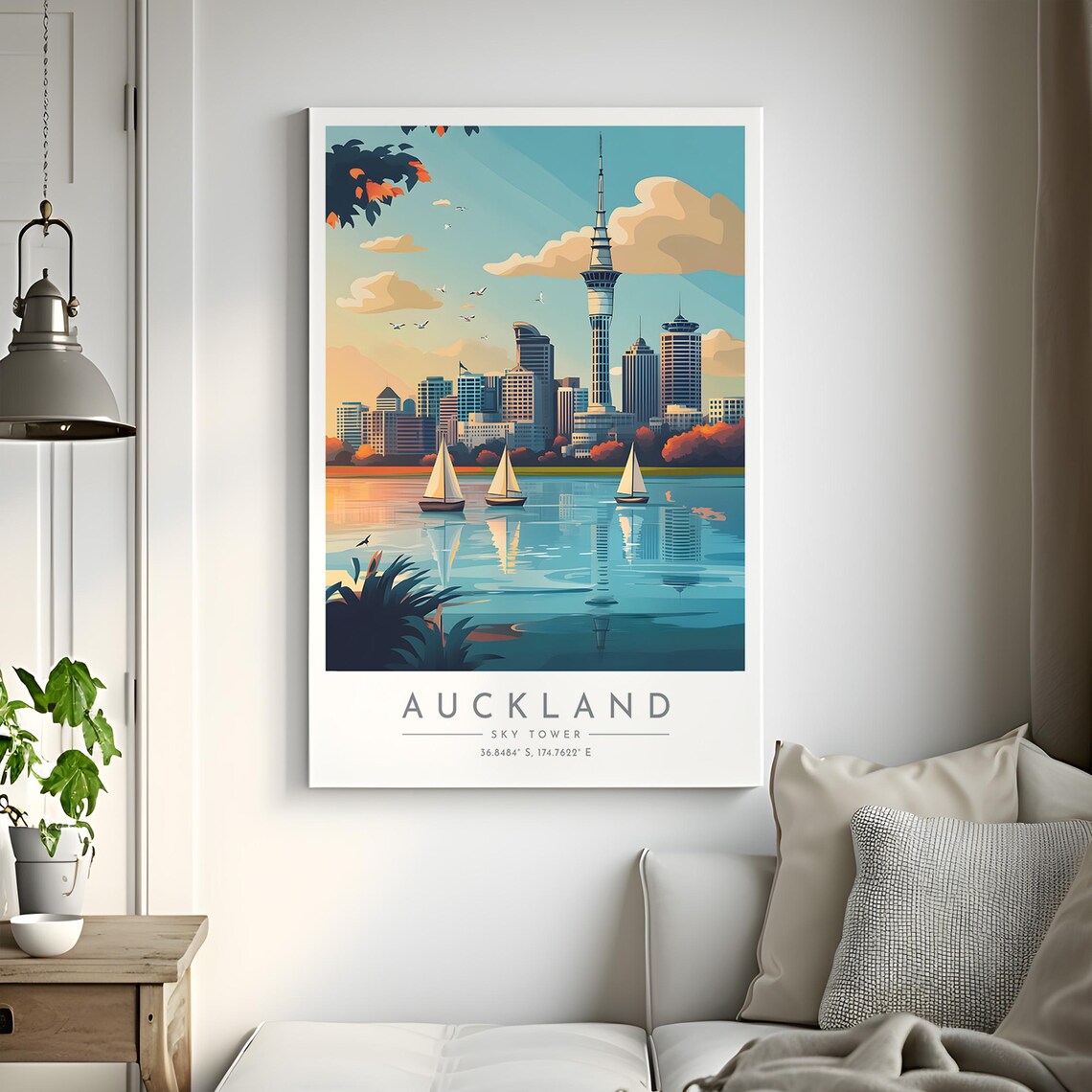 Auckland New Zealand Sky Tower Harbor Sailboats Sunset View Poster - Image 2