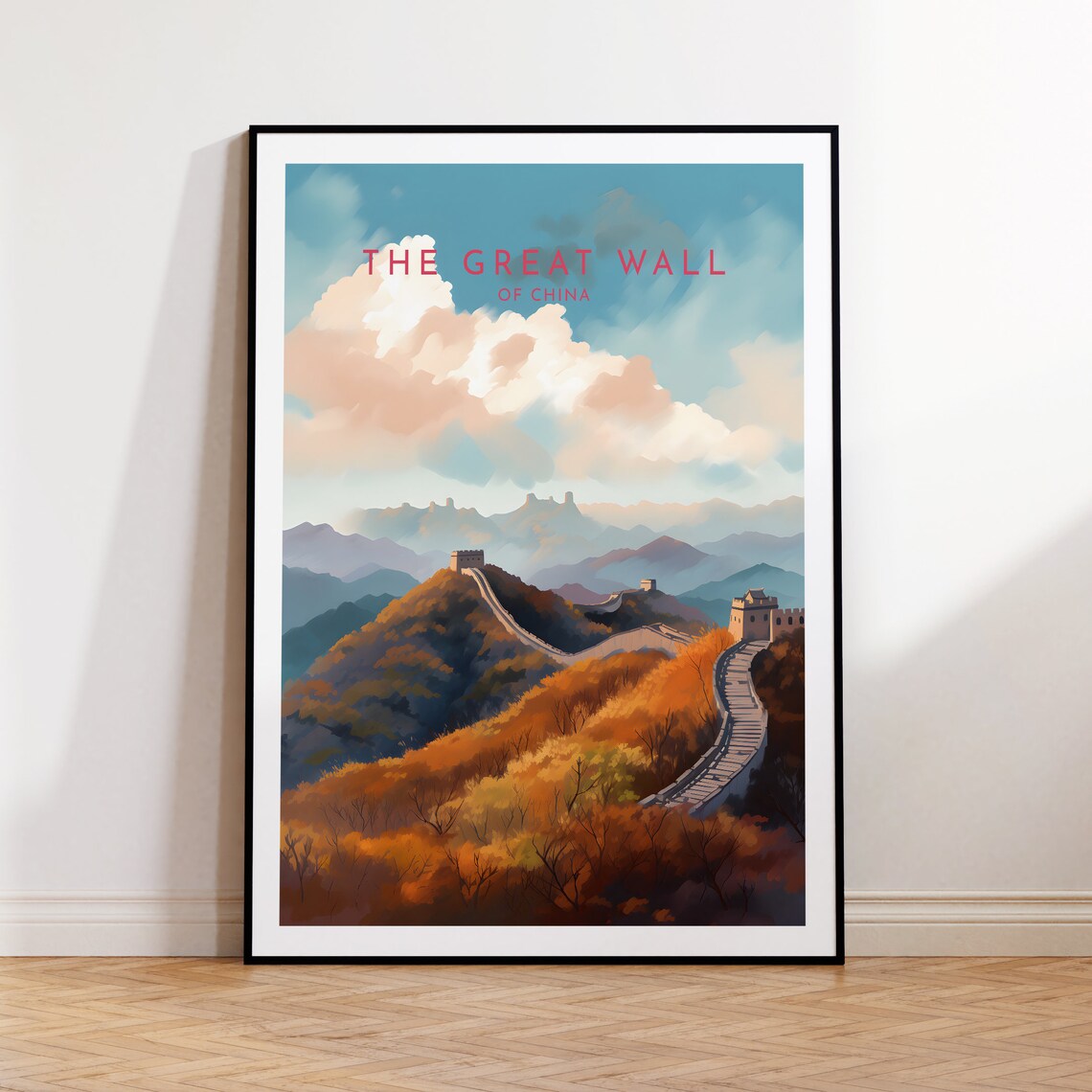 The Great Wall of China Autumn Mountains Travel Poster over Ridgelines
