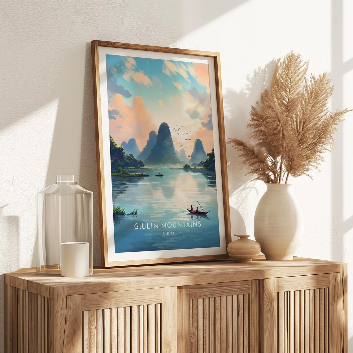 Giulin Karst Mountains Boats Birds Daytime River China Travel Poster - Image 2