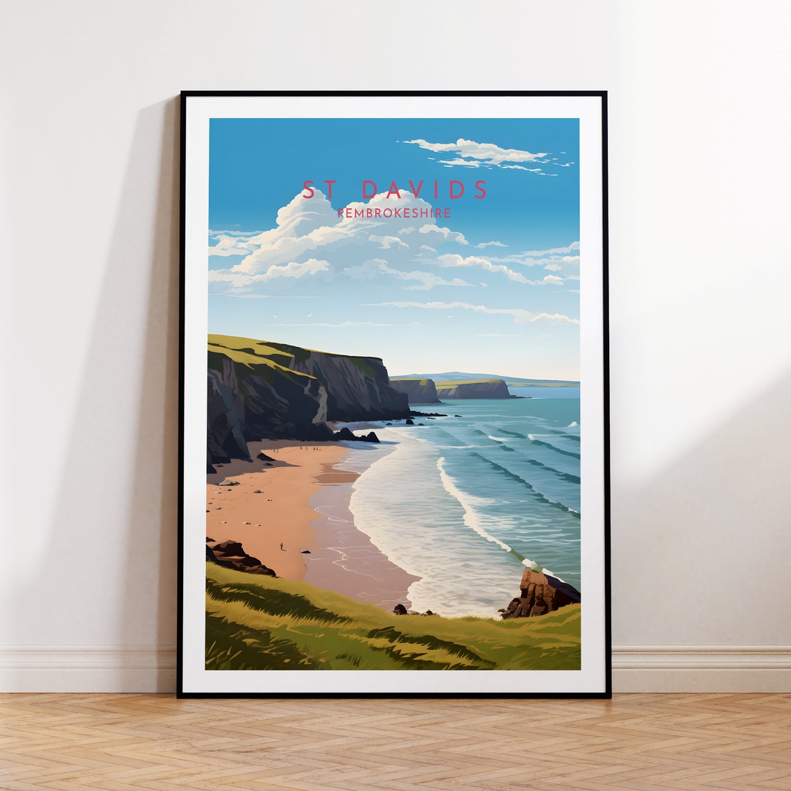 St Davids Pembrokeshire Beach Cliffs Sunny Wales Travel Poster