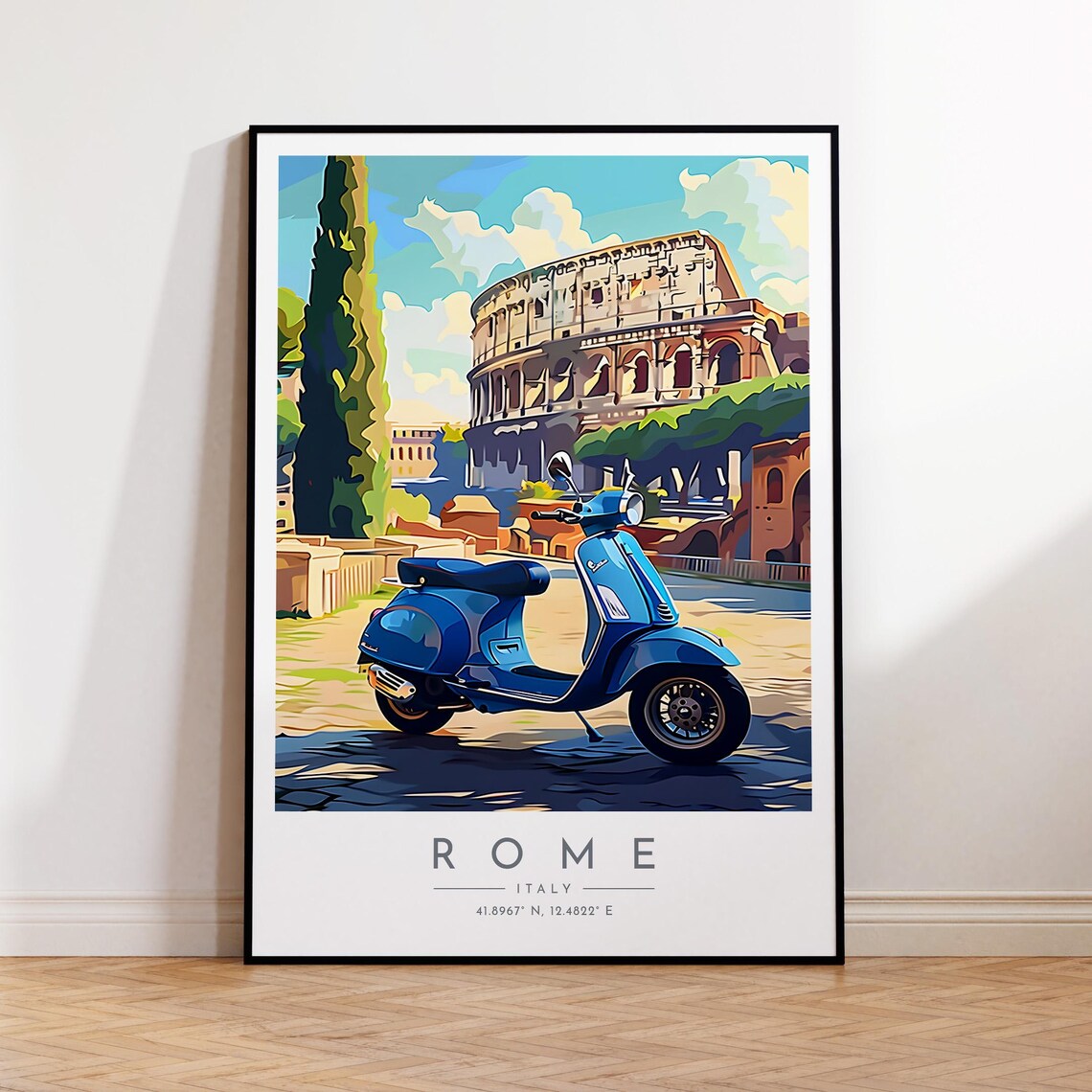Rome Blue Vespa Scooter Colosseum Cobblestone Vintage Travel Poster