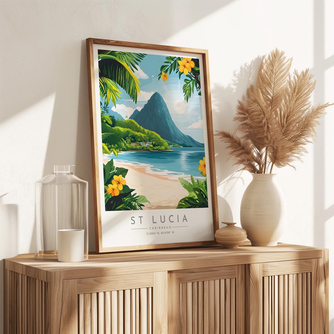 St Lucia Pitons Volcanic Peak Palm Beach Caribbean Travel Poster - Image 3