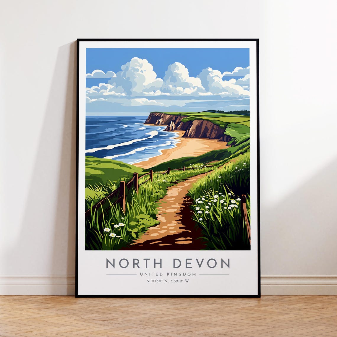 North Devon Coastal Cliffs Golden Beach Grassy Path Travel Poster