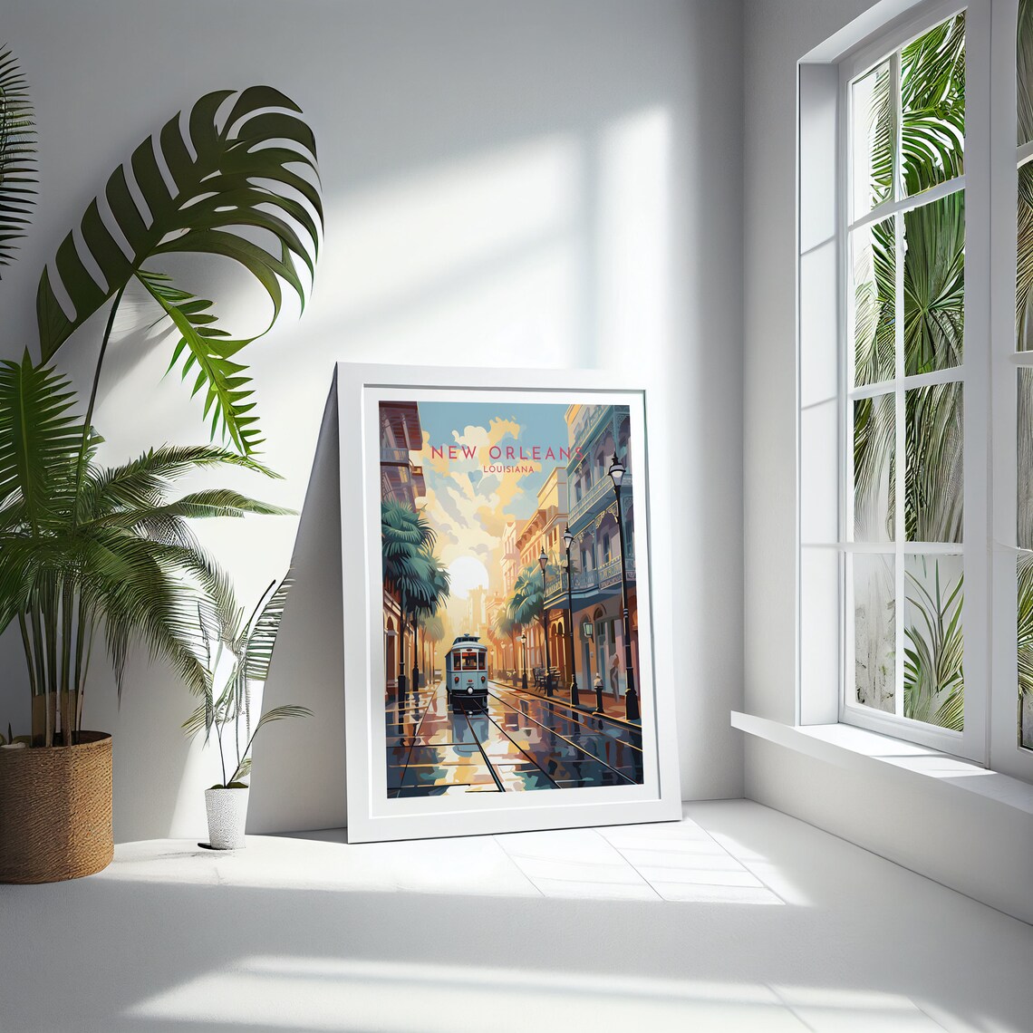 New Orleans Louisiana Streetcar Wet Palm Street Golden Hour Poster - Image 4