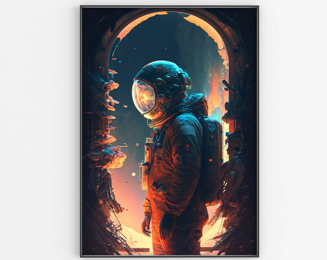 Astronaut In Archway Doorway Poster Fiery Orange Portal Space Art