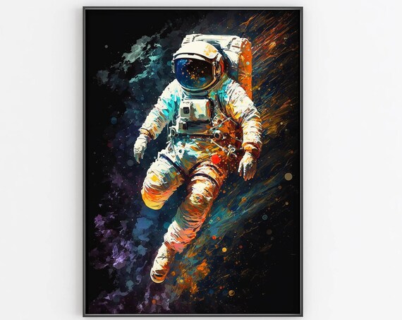 Floating Astronaut Colorful Splash Poster Cosmic Black Background Art