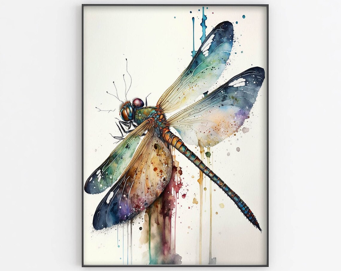 Watercolor Dragonfly Poster With Colorful Wings Paint Splash Art