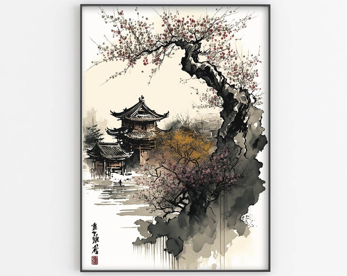 Japanese Watercolor Art Print Japanese Garden Landscape Painting Japanese Art Original Artwork Japanese Decor Living Room Art Large Wall Art