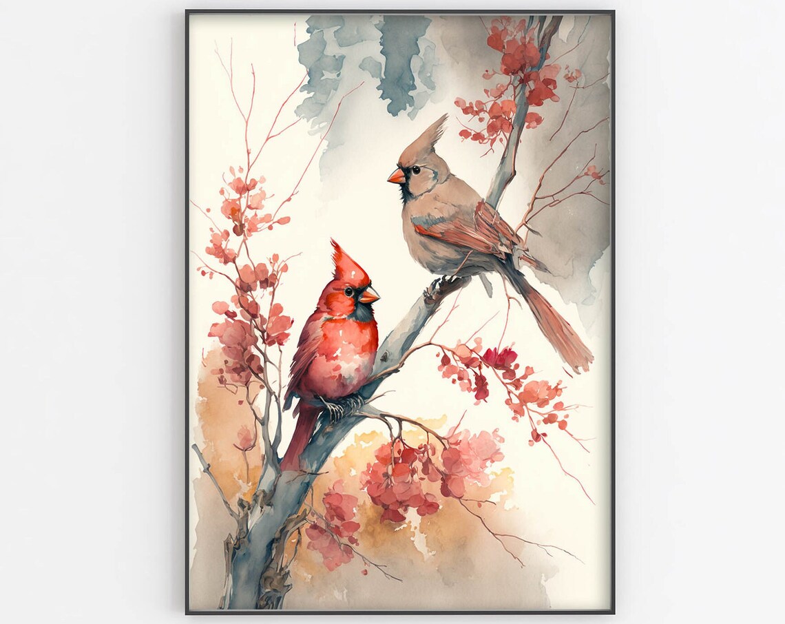 Songbird Northern Cardinal Pair Red Berries Winter Watercolor Print