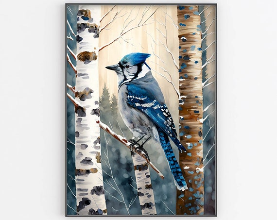 Blue Jay Watercolor Painting Blue Jay On Tree Painting Blue Jay Art Poster Print Wall Decor Blue Jay Wall Art Home Decor Large Wall Art