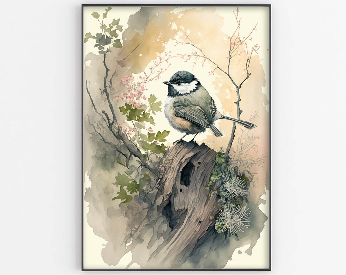 Perched Small Songbird Driftwood Stump Spring Watercolor Art Print