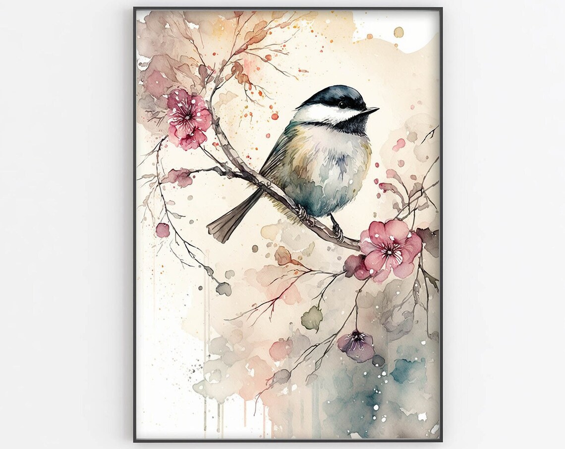 Chickadee On Cherry Blossom Branch Watercolor Bird Painting Art Print